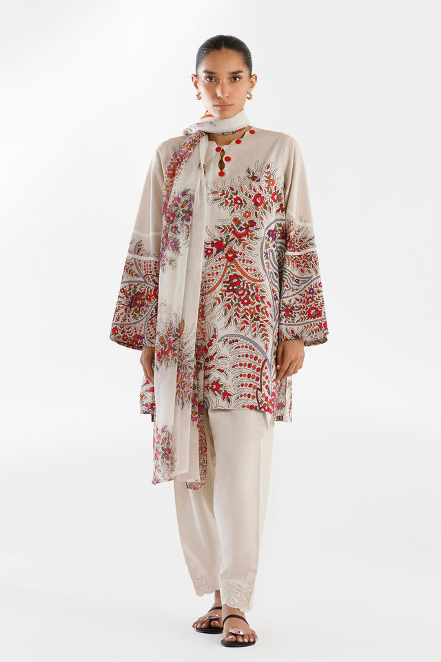 Pakistani beige printed lawn 3 piece dress Australia - FPS_23