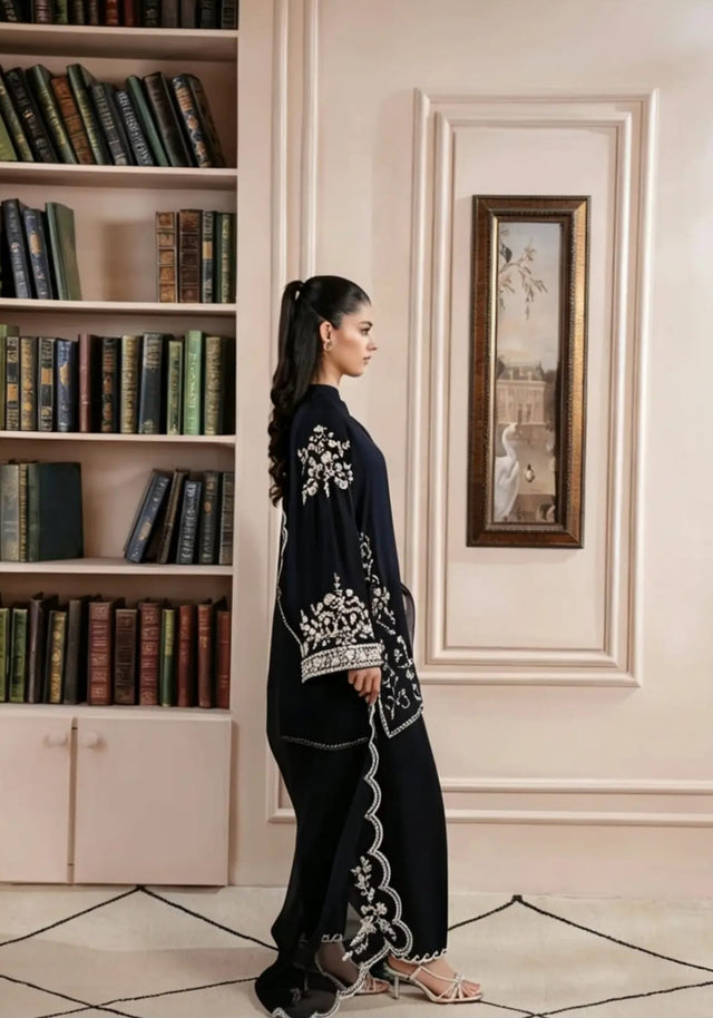 Pakistani Black Embroidered Russian Silk Short Style Dress FPS_22 Australia