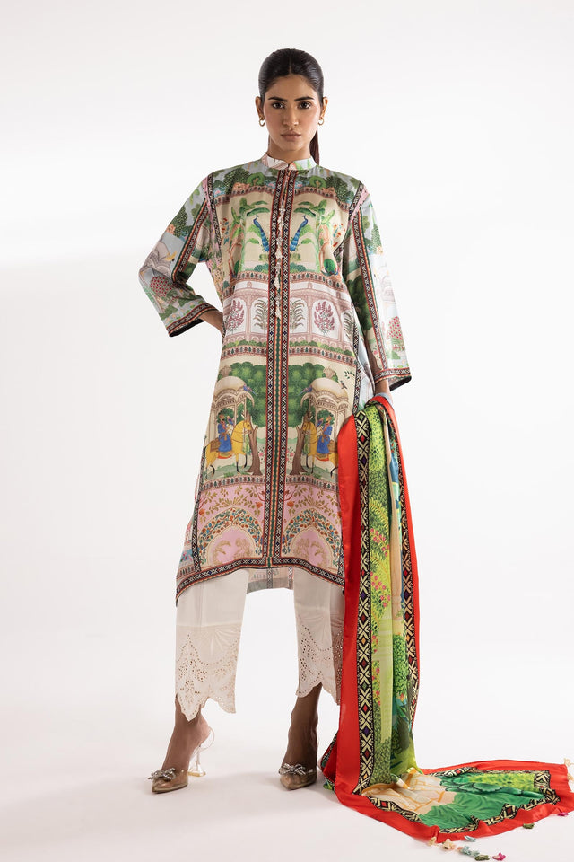 Pakistani white and green printed satin 2 piece dress Australia - FPS_26