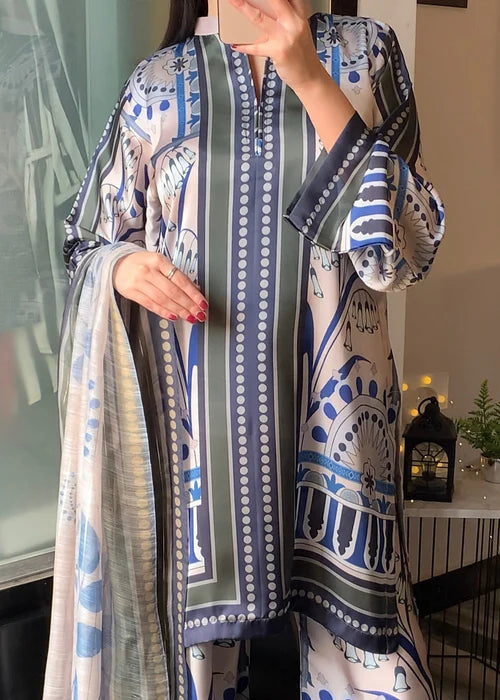 RTW White and Blue 3PC in Raw silk Fabric - FPRTW_C_19