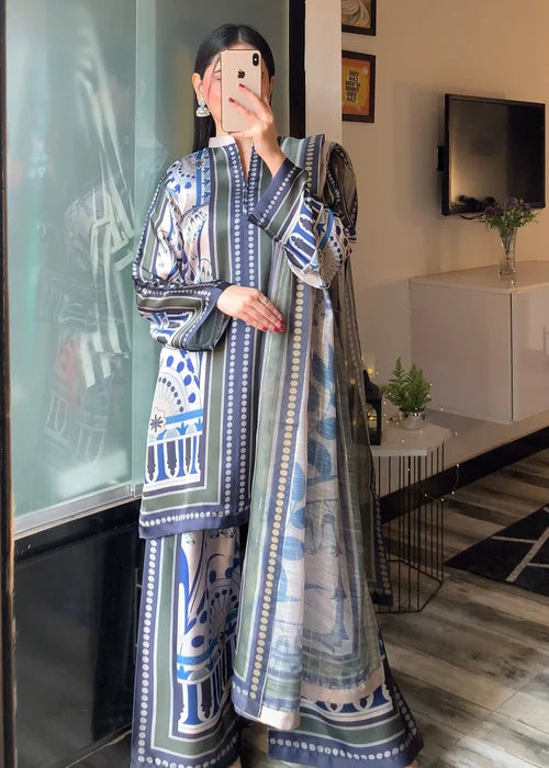 RTW White and Blue 3PC in Raw silk Fabric - FPRTW_C_19