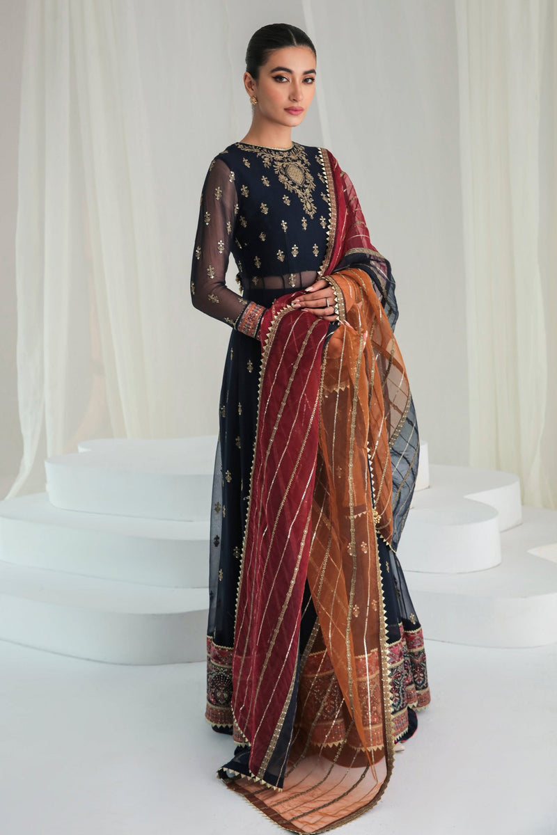 Navy Blue Embroidered Chiffon Peshwas – Pakistani Formal Wear - FPF_12