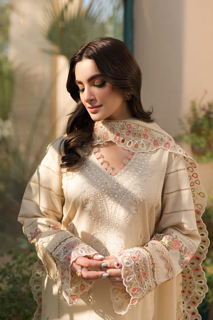 Cream Dobby Lawn Suit with Floral Embroidery | Pakistani Festive Wear - FPF_27