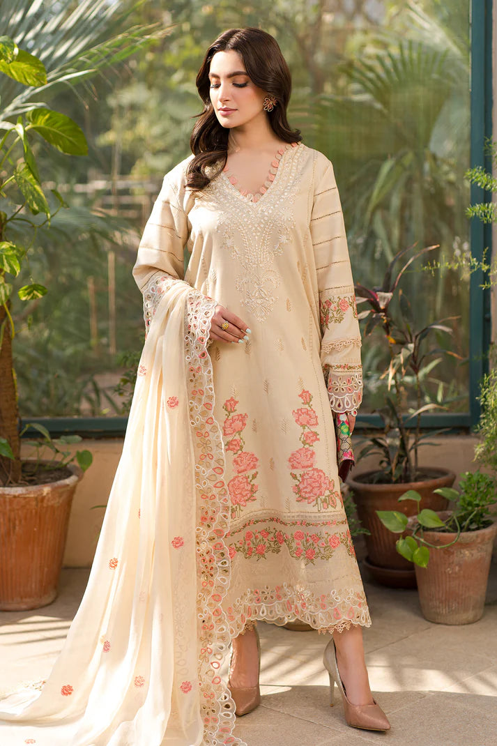 Cream Dobby Lawn Suit with Floral Embroidery | Pakistani Festive Wear - FPF_27