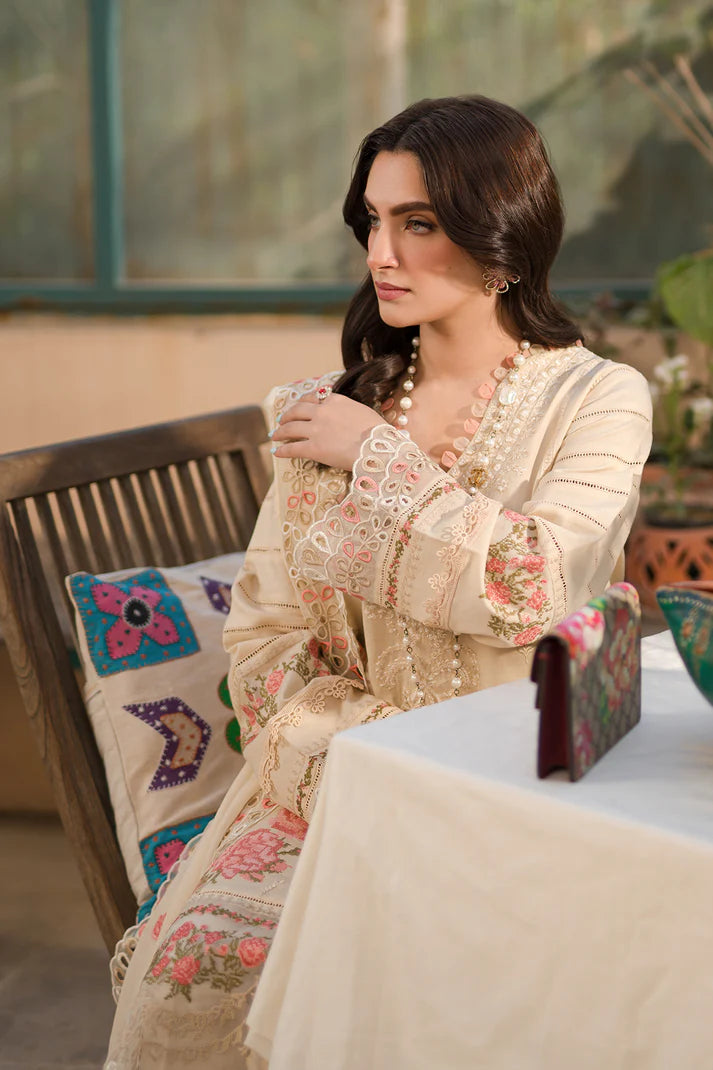 Cream Dobby Lawn Suit with Floral Embroidery | Pakistani Festive Wear - FPF_27