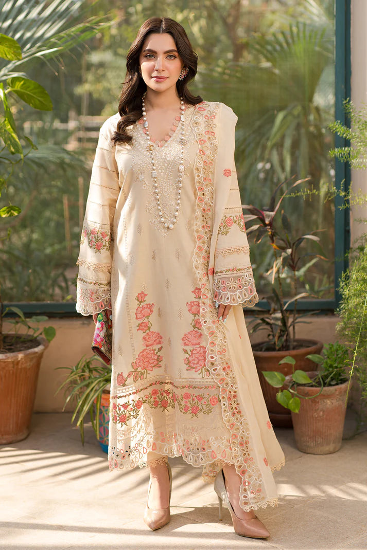 Cream Dobby Lawn Suit with Floral Embroidery | Pakistani Festive Wear - FPF_27