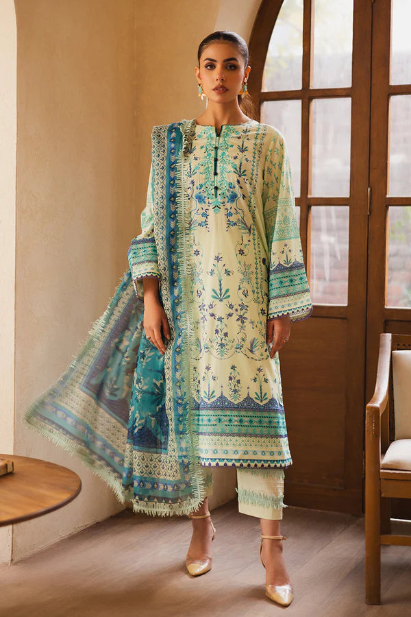 RTW Pista & Blue floral print Lawn with Embroidery 3PC - FPRTW_C_27