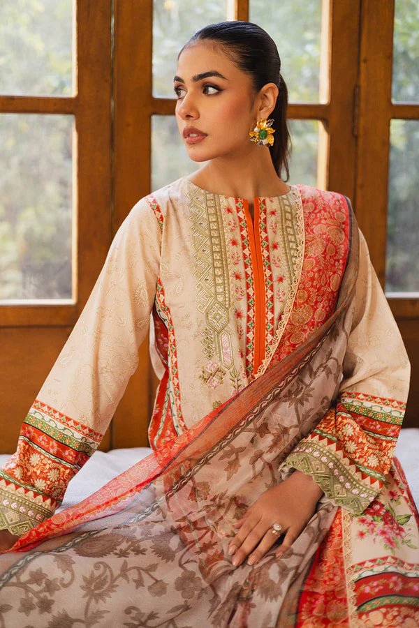 RTW Orange floral print Printed Lawn with Embroidery 3PC - FPRTW_C_23