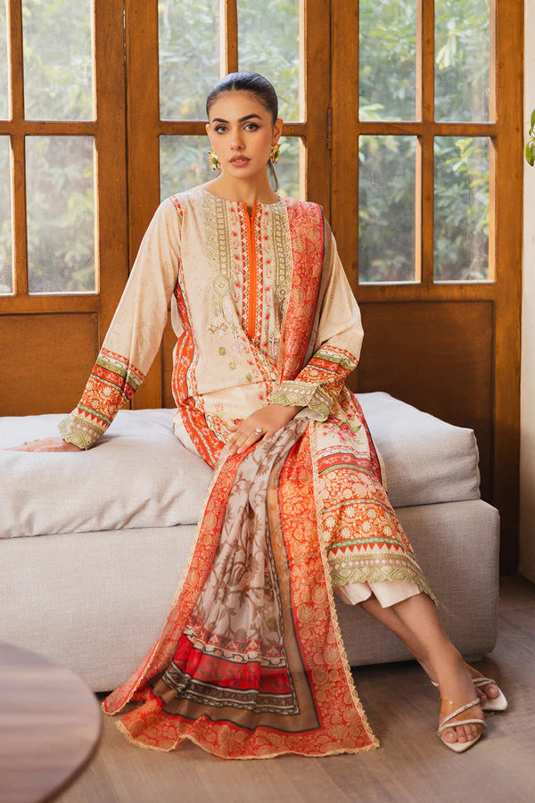 RTW Orange floral print Printed Lawn with Embroidery 3PC - FPRTW_C_23