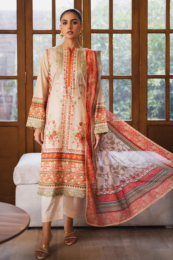RTW Orange floral print Printed Lawn with Embroidery 3PC - FPRTW_C_23