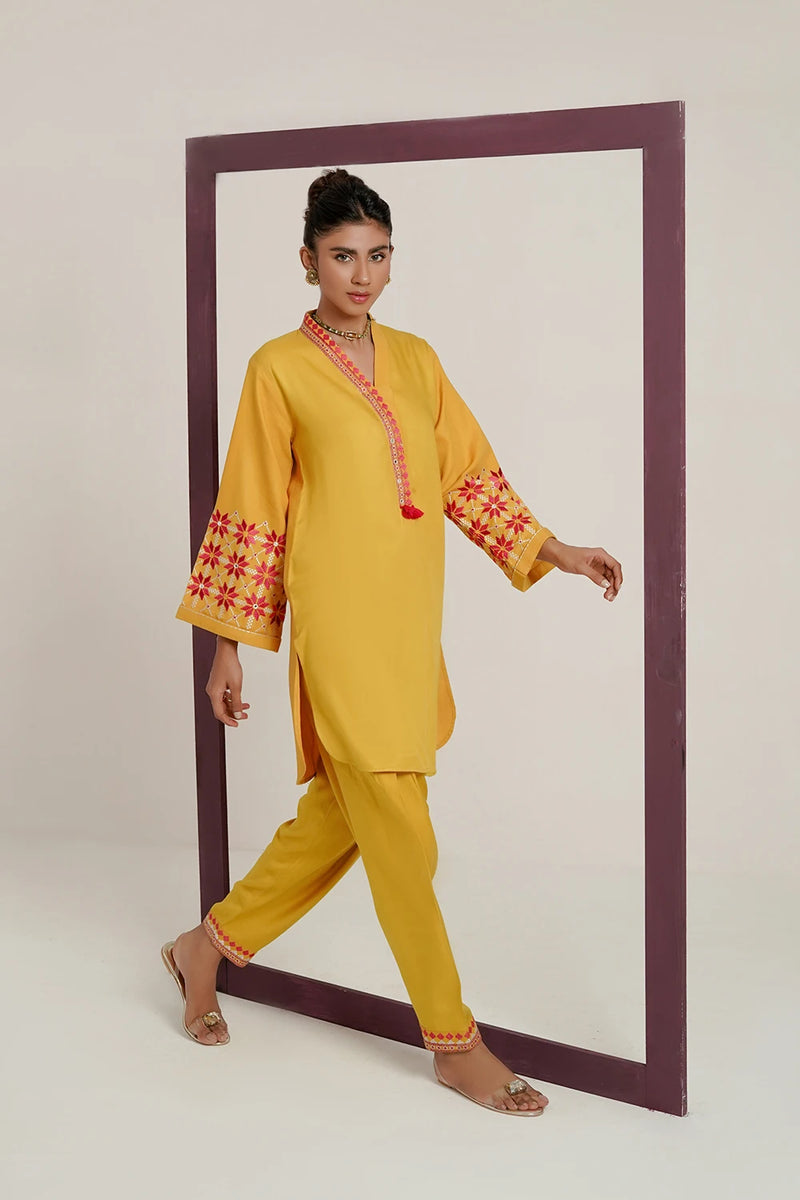 Corduroy Yellow Embroidered Shirt & Salwar 2PC - FPRTW_C_06