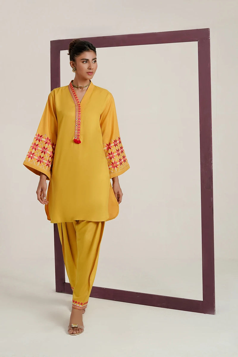 Corduroy Yellow Embroidered Shirt & Salwar 2PC - FPRTW_C_06