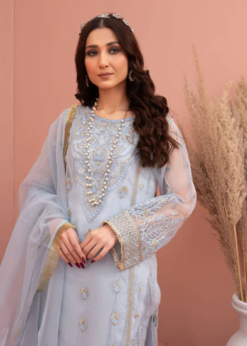 Elegant Blue Organza Embroidered Three-Piece Outfit with Dupatta - FPF_11