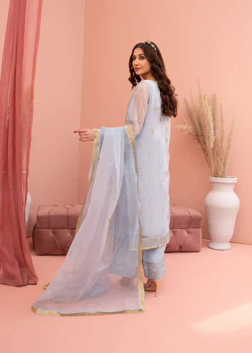 Elegant Blue Organza Embroidered Three-Piece Outfit with Dupatta - FPF_11