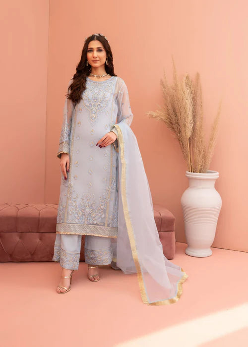 Elegant Blue Organza Embroidered Three-Piece Outfit with Dupatta - FPF_11