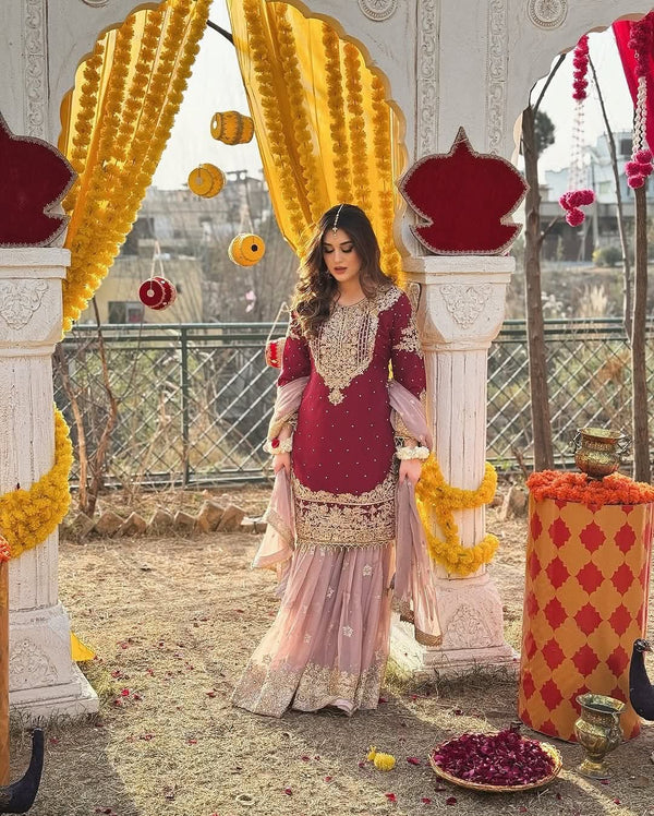 Elegant Maroon Pakistani Embroidered Gharara - FPF_09