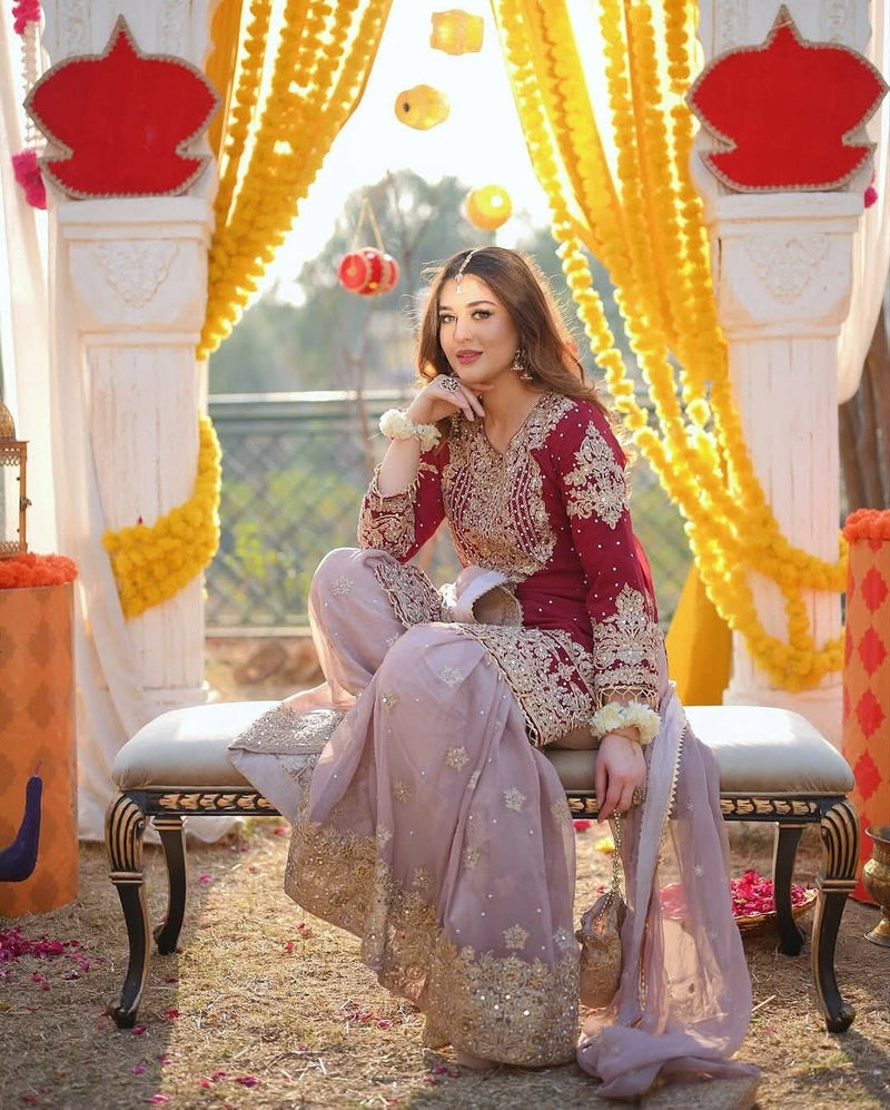 Elegant Maroon Pakistani Embroidered Gharara - FPF_09
