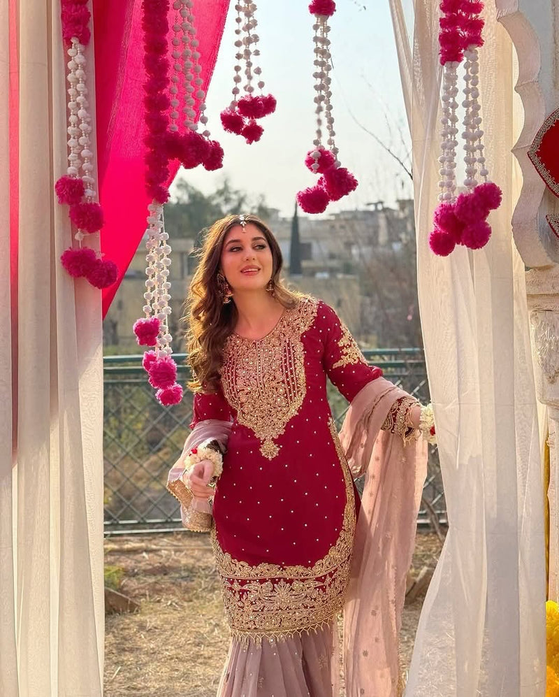 Elegant Maroon Pakistani Embroidered Gharara - FPF_09