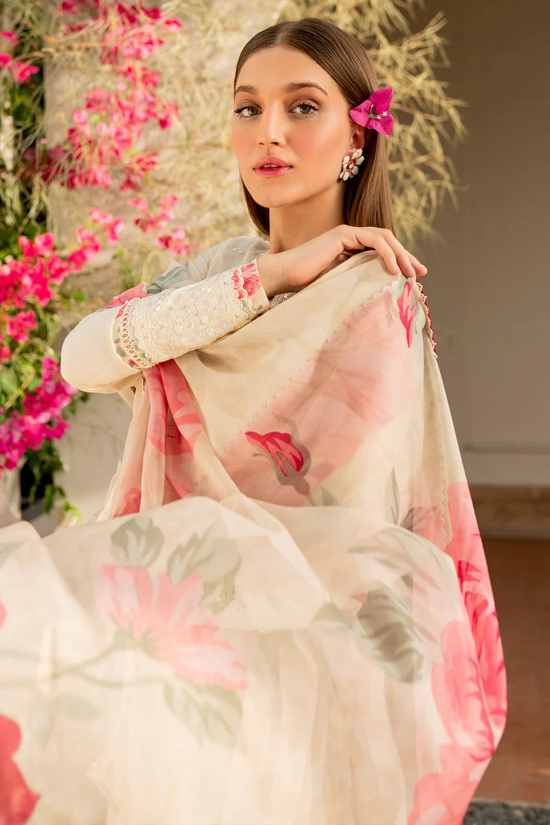 Luxury Cream Embroidered Lawn Suit with Floral Printed Silk Dupatta - FPF_30