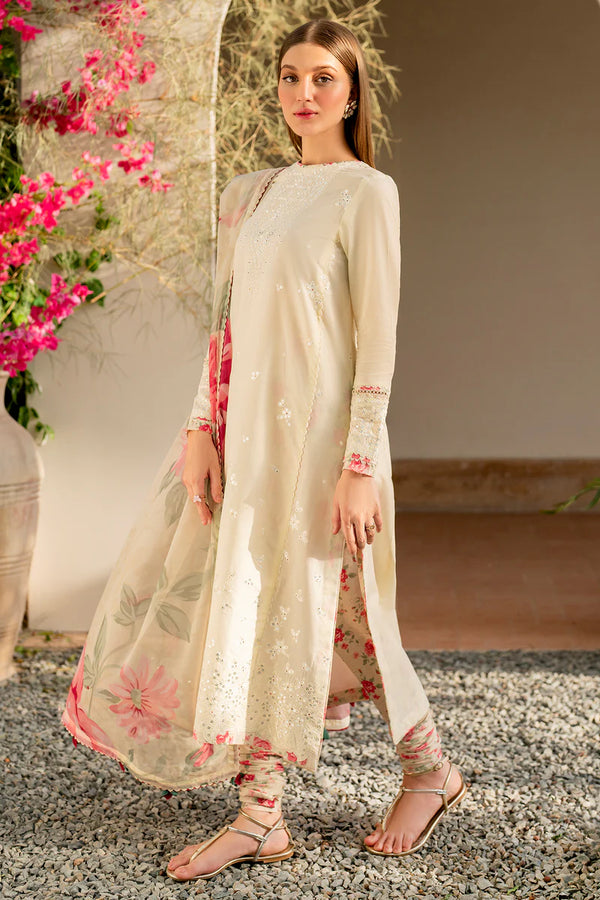 Luxury Cream Embroidered Lawn Suit with Floral Printed Silk Dupatta - FPF_30