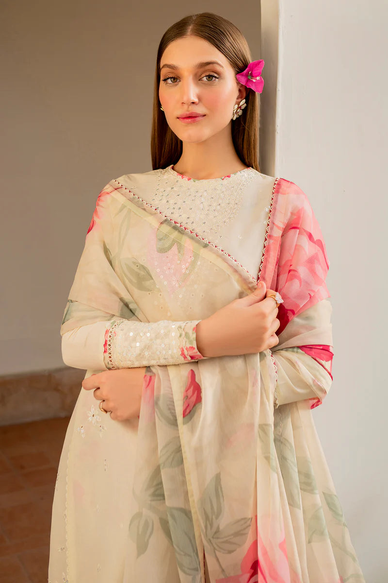 Luxury Cream Embroidered Lawn Suit with Floral Printed Silk Dupatta - FPF_30