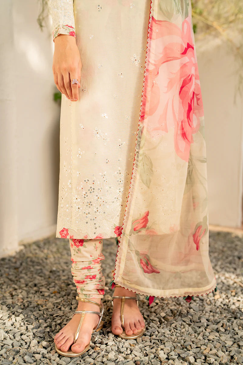 Luxury Cream Embroidered Lawn Suit with Floral Printed Silk Dupatta - FPF_30