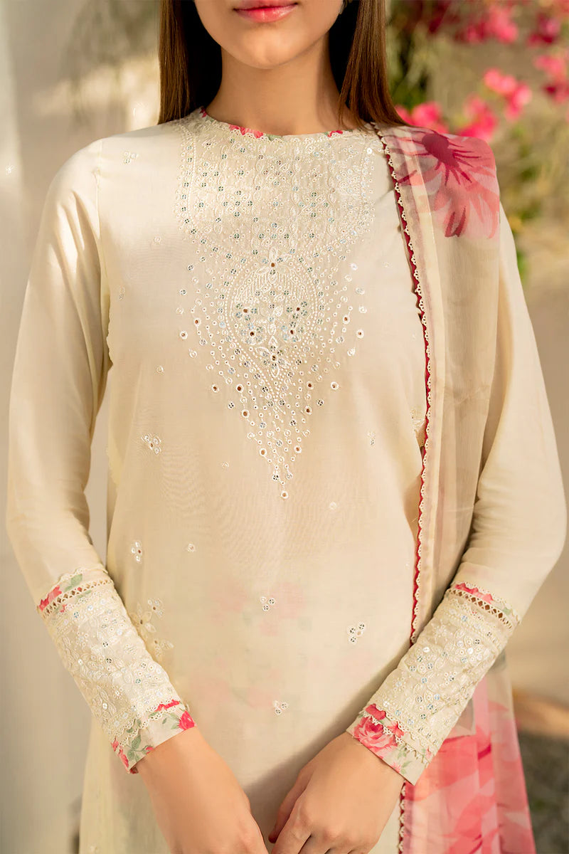 Luxury Cream Embroidered Lawn Suit with Floral Printed Silk Dupatta - FPF_30
