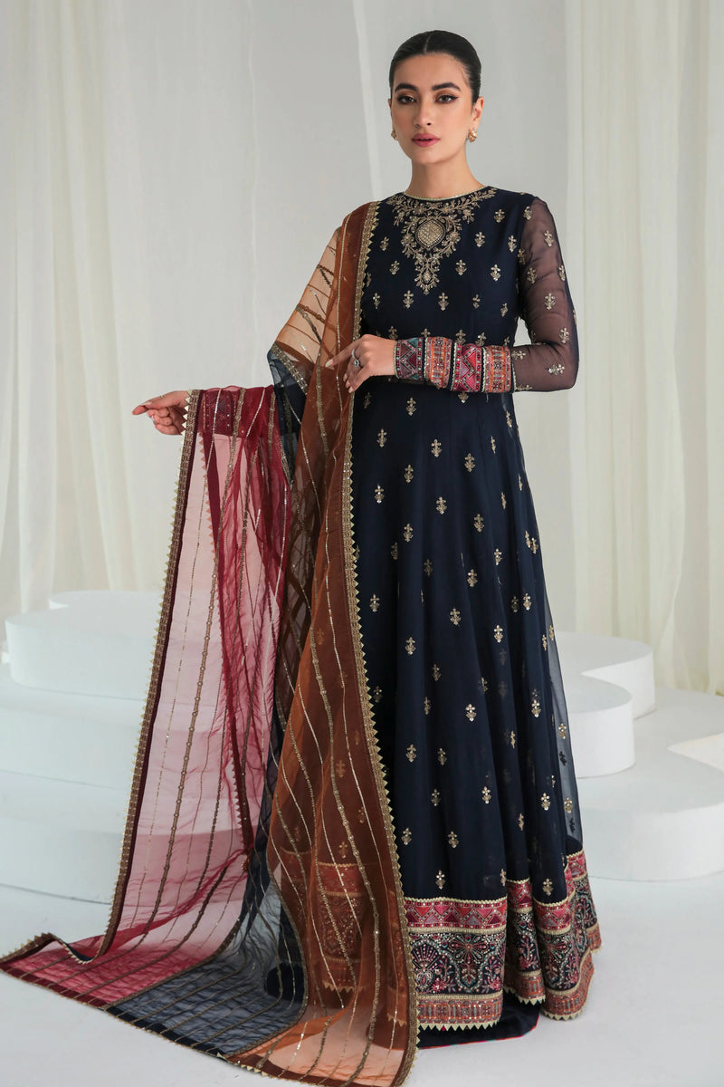 Navy Blue Embroidered Chiffon Peshwas – Pakistani Formal Wear - FPF_12