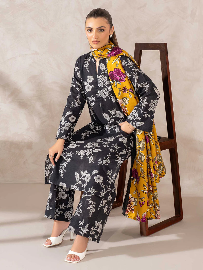 RTW Printed Khaddar 3PC with Herringbone Shawl - FPRTW_C_11