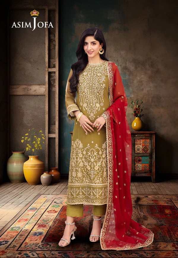 Luxury Olive Green Embroidered Chiffon Dress – Pakistani Party Wear - FPF_15