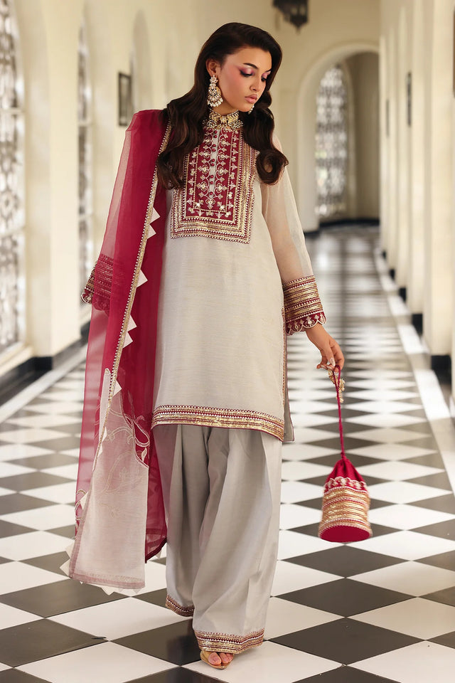 Pakistani beige and maroon embroidered cotton net three-piece suit Australia - FPF_62