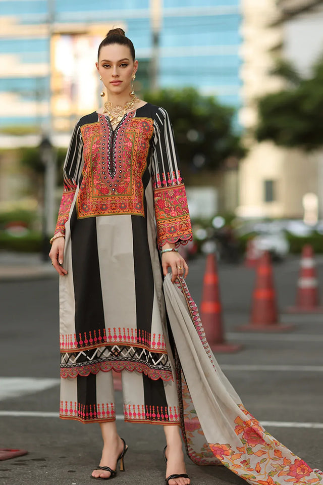 Pakistani black greyand coral embroidered lawn three-piece suit Australia - FPF_08