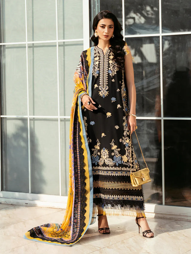 Pakistani black and yellow embroidered lawn three-piece suit Australia - FPF_22