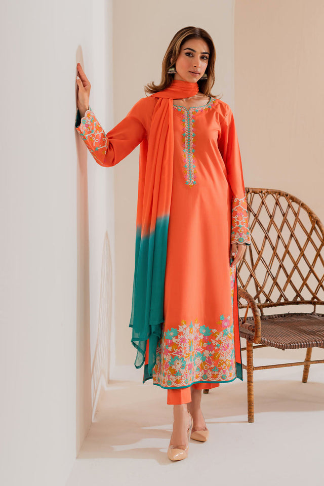 Pakistani carrot orange floral lawn three-piece suit Australia - FPF_57