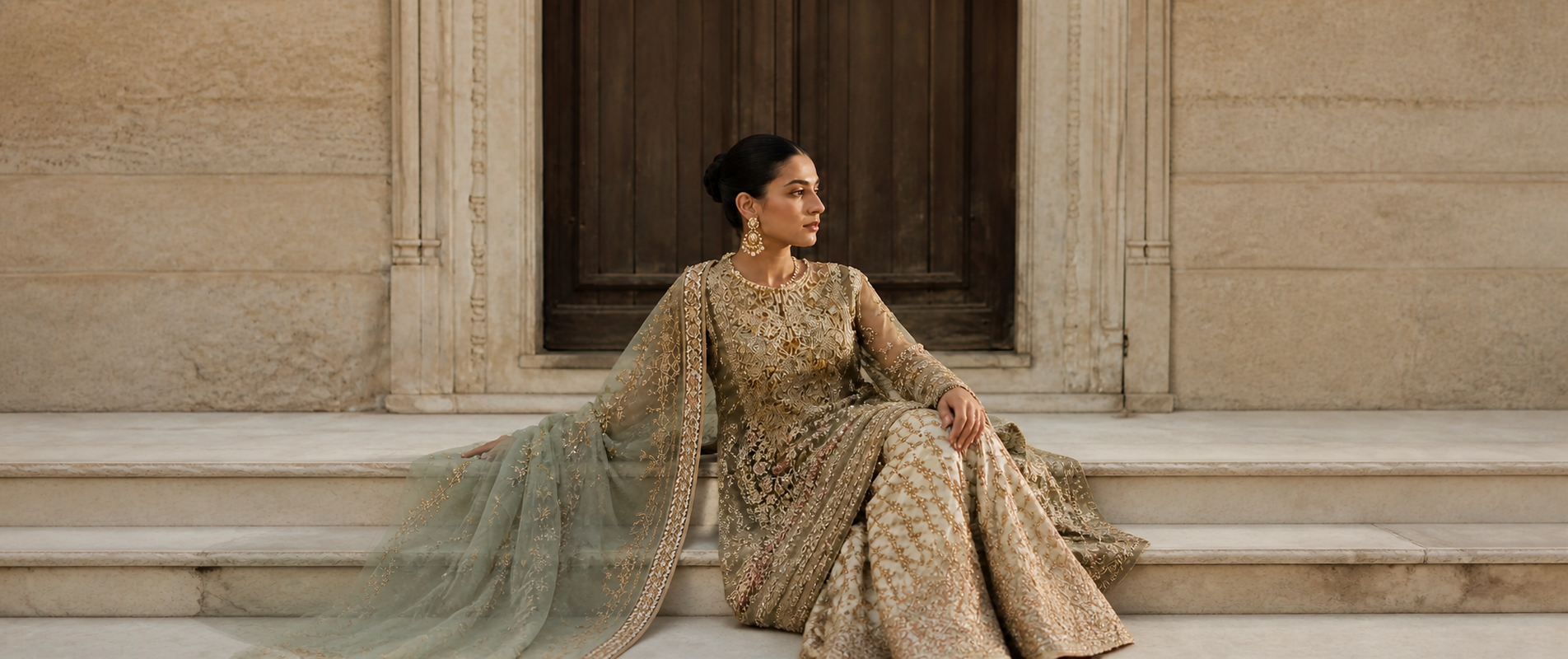 FashionPret Pakistani formalwear hero image with the model centred for mobile viewing