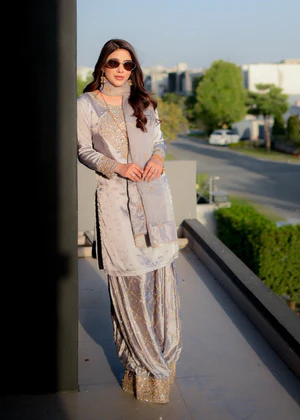 Pakistani grey embellished charmeuse silkwith farshi trousers three-piece suit Australia - FPF_29