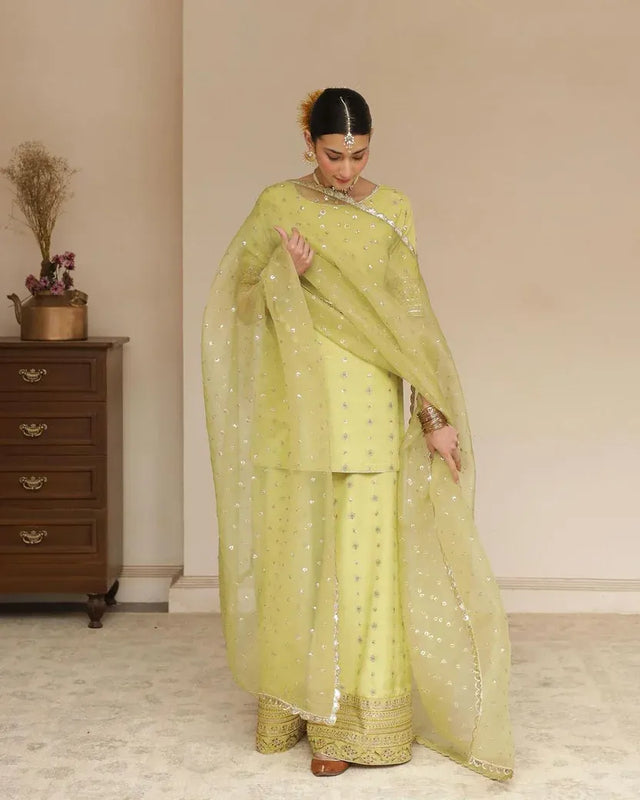 Pakistani Lime Green Embellished Silk Lawn Dhaka Pajama FPS_20 Australia